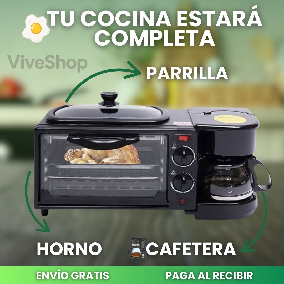 Horno 3 en 1® – Cocina sin desorden y prepara tu desayuno completo en solo 10 minutos