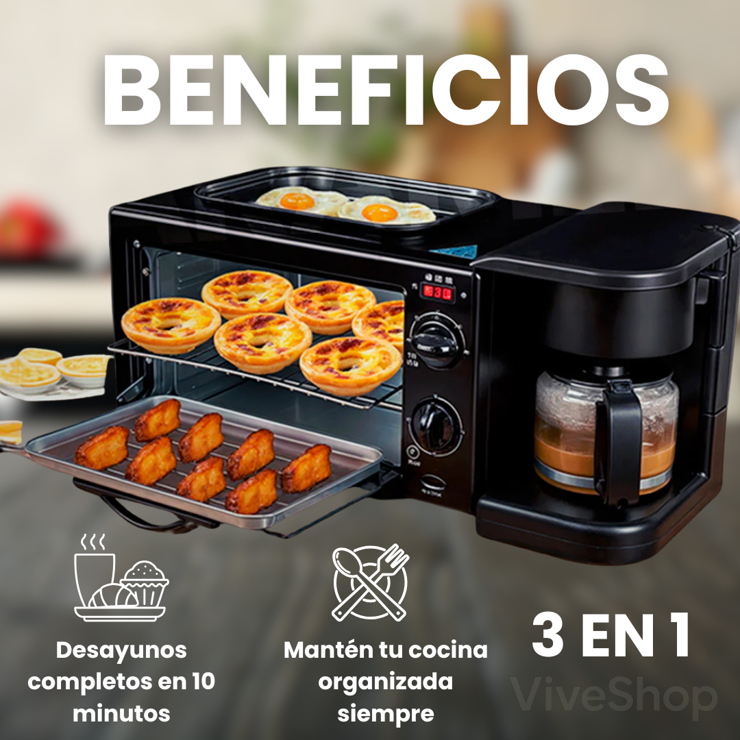 Horno 3 en 1® – Cocina sin desorden y prepara tu desayuno completo en solo 10 minutos